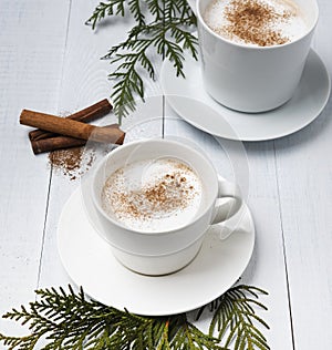 Cup of cacao dark hot chocolate winter coffe milk latte cappuchino christmas tree morning photo