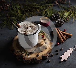 Cup of cacao dark winter latte cappuchino christmas tree