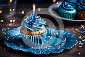 cup cake in blue plate generated by AI tool