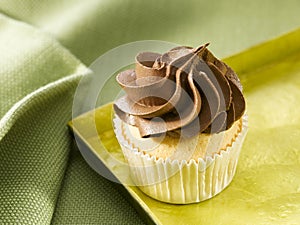 Cup cake with a chocolate swirl on a green plate