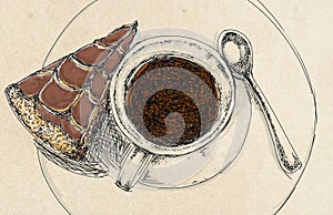 A cup with cake and coffee