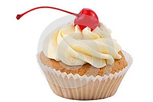 Cup cake with red cherry isolated