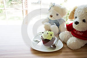 Cup cake on wooden table in coffee shop