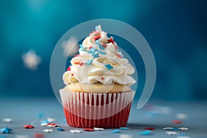 Cup cakes decorated in red white and blue for 4th July celebration. Generative ai