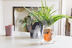 Cup of calming herbal tea with bag in home interior setting