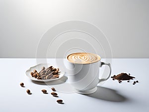 A cup of cappuccino with almonds on a white background