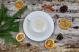 Cup of Cappuccino Beverage Wooden Background