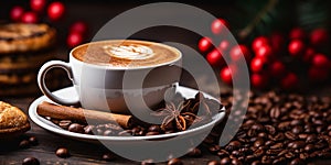 Cup of cappuccino with cinnamon and spices on dark table at Christmas light bokeh backdrop. Banner