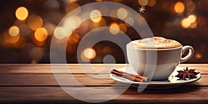 Cup of cappuccino with cinnamon on wooden table at background with Christmas light bokeh. Banner with copy space