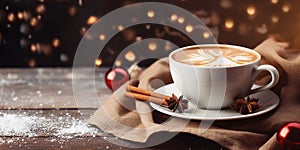 Cup of cappuccino with cinnamonon wooden table at background with Christmas light bokeh. Banner, free space