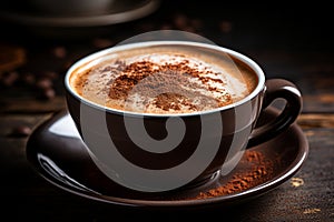 cup of cappuccino with cocoa powder on dark wooden table