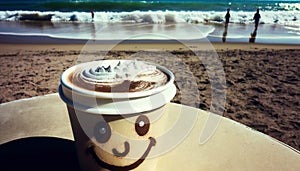 A cup of cappuccino coffee with a beach background Generative AI