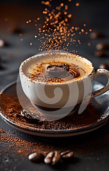 Cup of cappuccino with coffee beans and powder