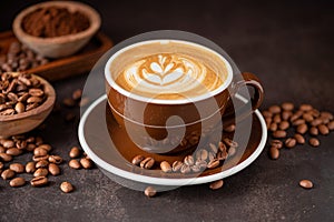 Cup of cappuccino with coffee beans on the table