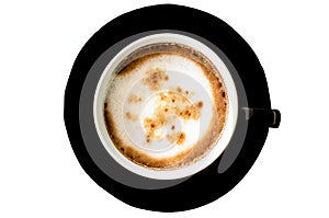 A Cup of Cappuccino Coffee with black plate isolated on white ba