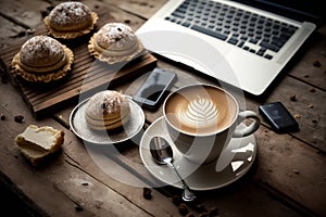 A cup of cappuccino, coffee and breakfast pastries on a wooden table with a laptop computer for work