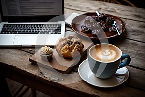 A cup of cappuccino, coffee and breakfast pastries on a wooden table with a laptop computer for work