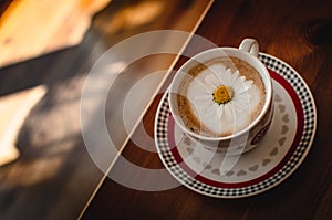 Cup of cappuccino coffee and croissant / brioche on a wooden table with freshly gathered daisy flowers. Italian breakfast.