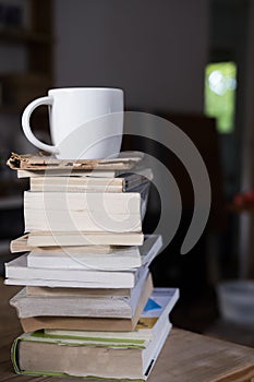 cup with cappuccino coffee on top of a small tower made up of books inside a hipster room