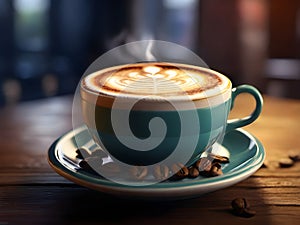 Cup of cappuccino with latte art on table. Close up shot. hot beverage illustration