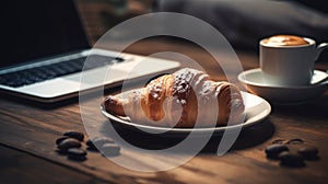 Cup Of Cappuccino And Pastries On Wooden Table With Laptop