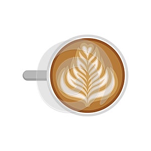 Cup of cappuccino with rosetta latte art, top view. Hot morning drink. Tasty and aroma espresso. Flat vector design