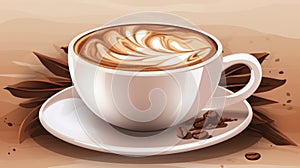 a cup of cappuccino on a saucer with coffee beans and leaves