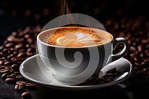 a cup of cappuccino is on a saucer and surrounded by coffee beans