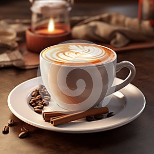 a cup of cappuccino sits on a saucer with cinnamon and coffee beans