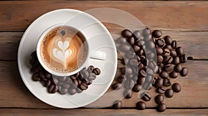A cup of cappuchino coffee and coffee beans on wooden table,top view. photo