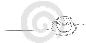 A cup of cappuchino continuous line drawing. One line art of coffee, tea, drink, americano, milk, cream, latte, coffee in bed, photo