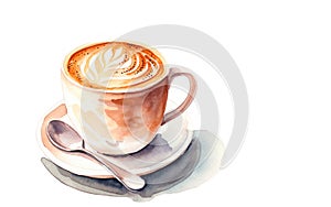 Cup of Cappucino. Hot Beverages. Coffee Cup Illustration. Aquarelle Style Illustration with White Background. Generative AI photo