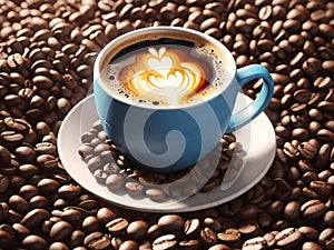 Cup of capuccino coffee on a bed of roasted whole coffee beans. Top view photo. Food background with copy space