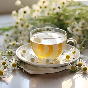 A cup of chamomile tea with fresh chamomile flowers generated by artificial intelligence