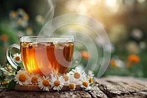 A cup of chamomile tea is placed on a wooden table with daisies, creating a serene and natural scene