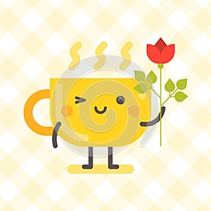 Cup character holding rose and winking. Funny character