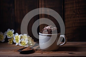 A cup of chocolate muffin sits on a wooden table next to a flower. AI generation