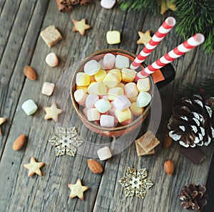 Cup of Christmas hot cocoa with marshmallow, top view, selective focus