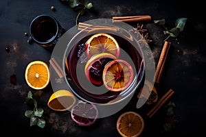 Cup of christmas mulled wine or gluhwein with spices and orange slices . Generative AI