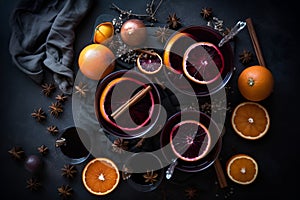 Cup of christmas mulled wine or gluhwein with spices and orange slices . Generative AI