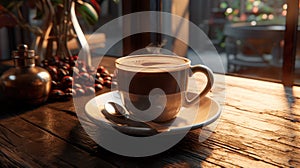 Cup of classic hot aromatic coffee on the wooden table in a coffee shop, close-up, selective focus.