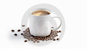 Cup with coffe and coffee beans around on white background, Generated AI
