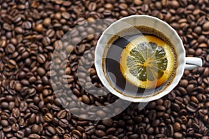 cup of coffe with lemon on coffe beans background.