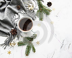 Cup of coffe, scarf and decorations