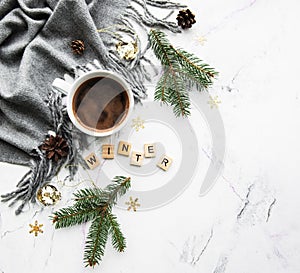 Cup of coffe, scarf and decorations