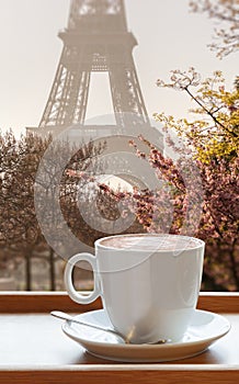 Cup of coffee against Eiffel Tower during spring in Paris, France