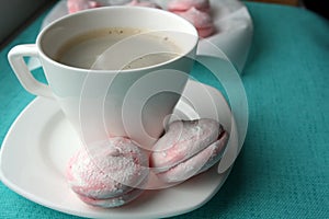 A cup of coffee and an airy apple marshmallow made according to the recipe