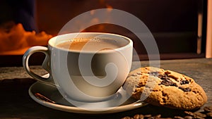 A cup of coffee alongside a delicious cookie resting on a saucer, A steaming hot cup of coffee paired with a chocolate chip cookie