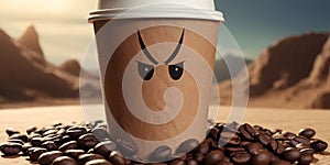 a cup of coffee with an angry face drawn on it is sitting on top of a pile of coffee beans