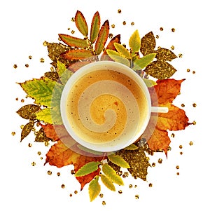 Cup of coffee with autumn decoration from dry colored and gold g